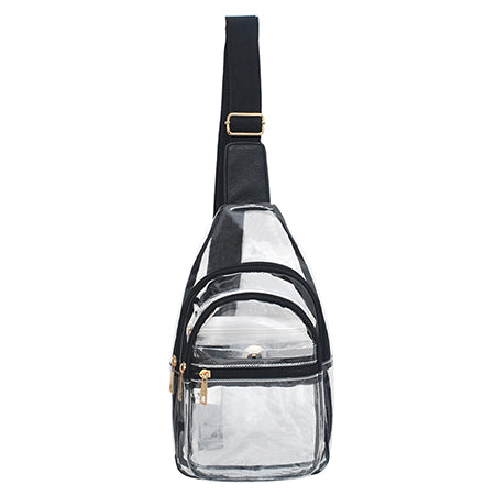 clear sling bag, fashion stadium bag, trendy concert bag, amusement park crossbody, transparent sling bag, stadium approved purse, PVC crossbody bag, clear shoulder bag, stylish stadium bag, travel concert bag, gold accent clear bag, clear sling for concerts, clear amusement park purse, everyday stadium bag, festival clear sling, hands-free concert bag, stadium fashion accessory, event-ready sling bag, sporty clear bag, chic amusement park crossbody