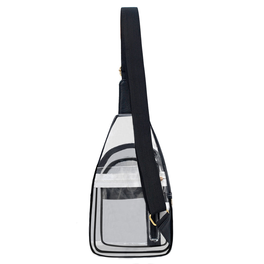 clear sling bag, fashion stadium bag, trendy concert bag, amusement park crossbody, transparent sling bag, stadium approved purse, PVC crossbody bag, clear shoulder bag, stylish stadium bag, travel concert bag, gold accent clear bag, clear sling for concerts, clear amusement park purse, everyday stadium bag, festival clear sling, hands-free concert bag, stadium fashion accessory, event-ready sling bag, sporty clear bag, chic amusement park crossbody