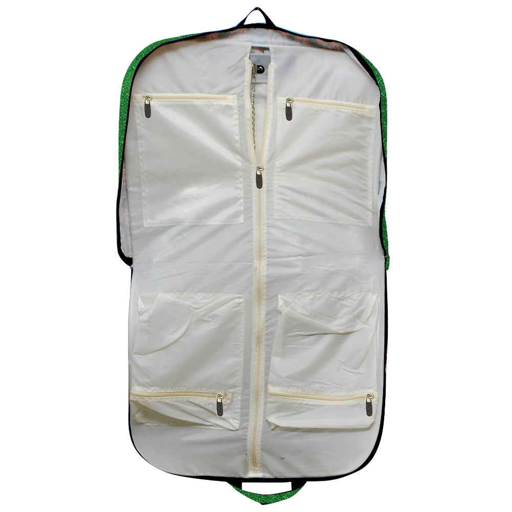 green glitter garment bag, NGIL garment bag, dance garment bag, cheer garment bag, travel garment bag, competition garment bag, dancewear storage bag, wrinkle-free travel bag, glitter travel bag, dancer travel bag, cheerleader travel bag, monogram garment bag, foldable garment bag, lightweight dance bag, dance competition bag, glitter cheer bag, garment bag with hook, glitter clothing bag, sparkly garment bag, stylish travel bag, costume storage bag, dance outfit bag, cheer uniform bag