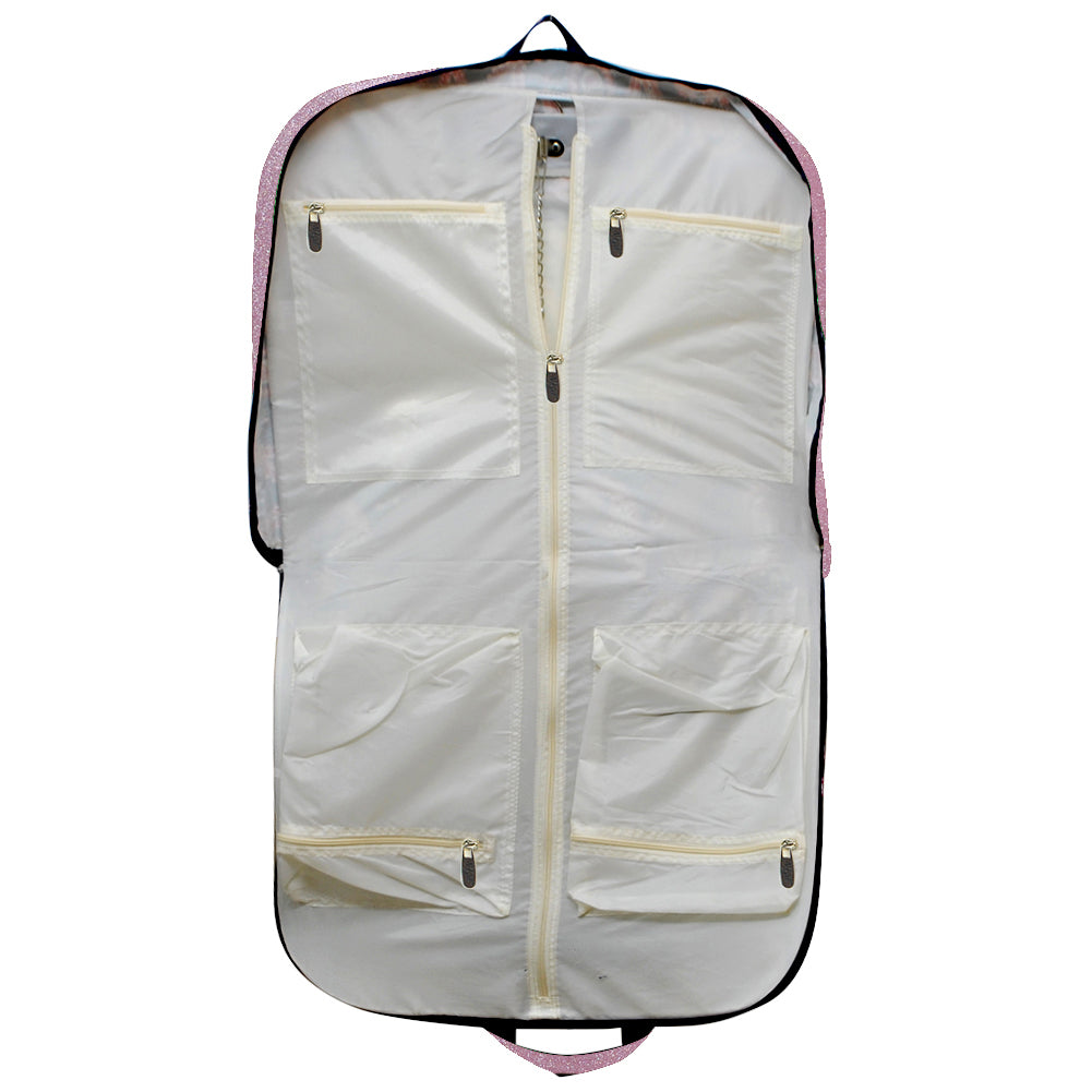 pink glitter garment bag, NGIL garment bag, dance garment bag, cheer garment bag, travel garment bag, competition garment bag, dancewear storage bag, wrinkle-free travel bag, glitter travel bag, dancer travel bag, cheerleader travel bag, monogram garment bag, foldable garment bag, lightweight dance bag, dance competition bag, glitter cheer bag, garment bag with hook, glitter clothing bag, sparkly garment bag, stylish travel bag, costume storage bag, dance outfit bag, cheer uniform bag