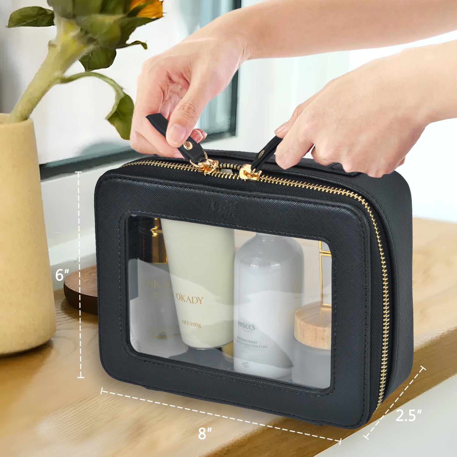 clear toiletry bag, faux leather makeup bag, TSA approved toiletry bag, clear cosmetic pouch, travel toiletry organizer, transparent makeup bag, waterproof travel bag, vegan leather toiletry bag, gym cosmetic bag, cruise travel bag, dance competition toiletry bag, road trip makeup case, golden zipper cosmetic bag, stylish clear bag, skincare travel pouch, TSA clear bag, eco-friendly cosmetic bag, clear bag with gold accents, makeup travel pouch, beauty storage organizer