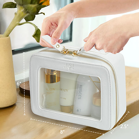 clear toiletry bag, faux leather makeup bag, TSA approved toiletry bag, clear cosmetic pouch, travel toiletry organizer, transparent makeup bag, waterproof travel bag, vegan leather toiletry bag, gym cosmetic bag, cruise travel bag, dance competition toiletry bag, road trip makeup case, golden zipper cosmetic bag, stylish clear bag, skincare travel pouch, TSA clear bag, eco-friendly cosmetic bag, clear bag with gold accents, makeup travel pouch, beauty storage organizer