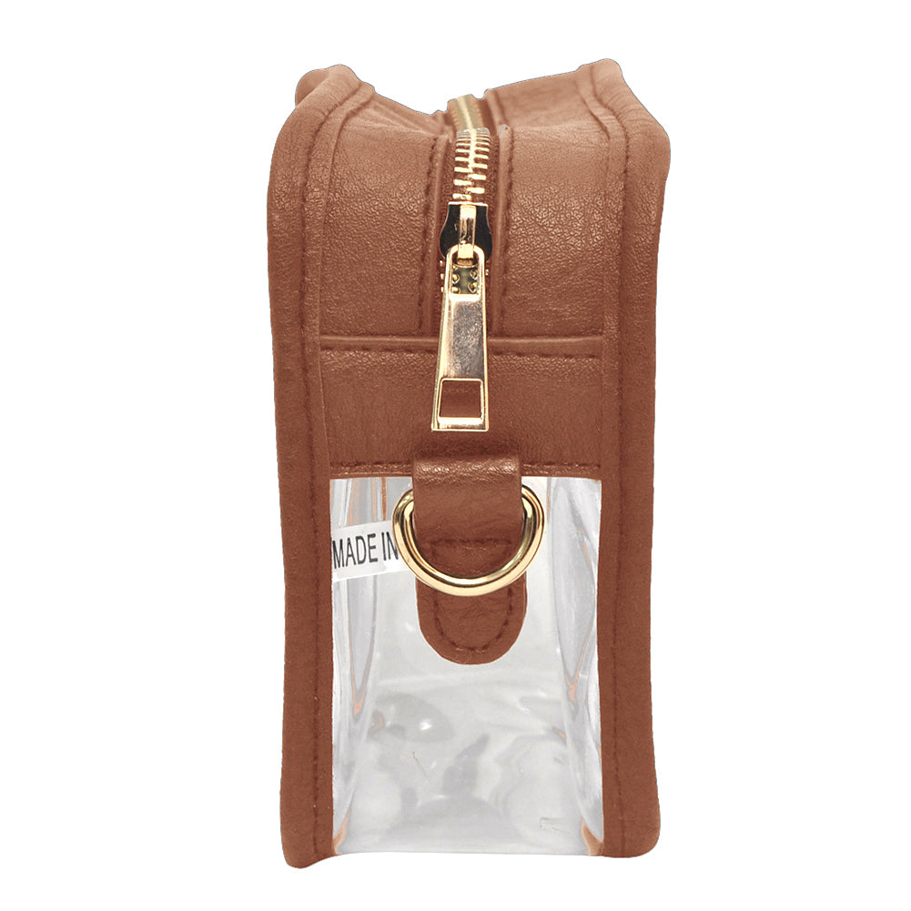 clear stadium bag, concert crossbody bag, stadium approved purse, see through bag, transparent crossbody, clear PVC bag, game day clear bag, clear shoulder bag, festival approved bag, stadium security bag, sports event clear purse, concert see through bag, adjustable strap clear bag, thick PVC stadium bag, stadium fashion bag, clear purse with strap, gold accent clear bag, faux leather trim clear bag, stadium regulation bag, concert ready crossbody bag, clear handbag for events