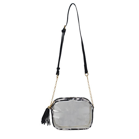 clear crossbody bag, stadium clear bag, concert clear purse, PVC crossbody bag, faux leather clear bag, stadium approved bag, gold accent clear bag, see through concert purse, transparent crossbody, clear bag with tassel, festival ready clear bag, event clear crossbody, trendy stadium purse, concert event bag, hands-free clear bag, stadium style bag, chic transparent purse, fringe clear crossbody, sports event clear bag, music festival bag, fashion stadium bag