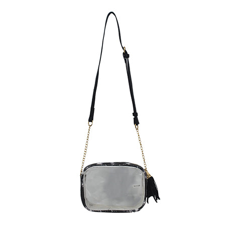 clear crossbody bag, stadium clear bag, concert clear purse, PVC crossbody bag, faux leather clear bag, stadium approved bag, gold accent clear bag, see through concert purse, transparent crossbody, clear bag with tassel, festival ready clear bag, event clear crossbody, trendy stadium purse, concert event bag, hands-free clear bag, stadium style bag, chic transparent purse, fringe clear crossbody, sports event clear bag, music festival bag, fashion stadium bag