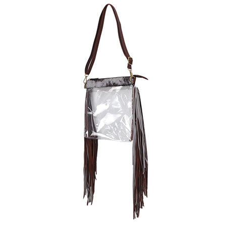clear fringe bag, faux leather fringe purse, concert fringe bag, stadium approved clear bag, western clear bag, fringe stadium bag, festival clear purse, PVC clear fringe tote, clear bag with fringe, stadium concert purse, clear bag for events, western fringe crossbody, clear PVC shoulder bag, detachable strap clear bag, golden accent fringe bag, stylish clear concert bag, faux leather strap bag, stadium ready clear fringe bag, see through fringe bag, trendy clear fringe purse