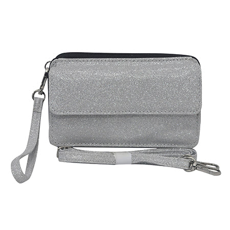 silver glitter all-in-one wallet, NGIL wallet, cheer wallet, dance wallet, gymnastics wallet, sports wallet, competition travel wallet, glitter wristlet wallet, crossbody wallet purse, wallet with phone pocket, wallet with card slots, glitter travel organizer, canvas glitter wallet, team mom wallet, coach accessory wallet, all-in-one glitter purse, zippered wallet bag, small glitter crossbody, sparkle wallet for girls, competition day wallet, dance mom wallet, cheer coach wallet