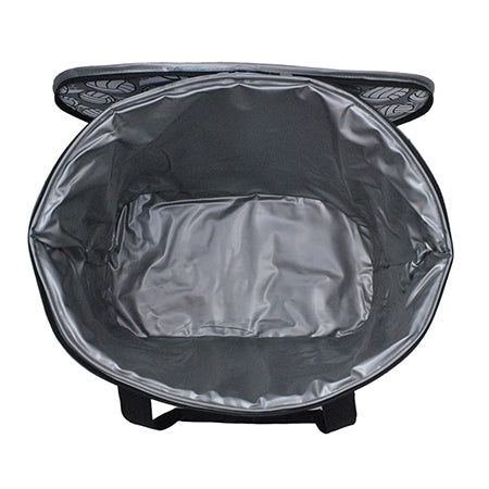 compact volleyball tote large inside, volleyball bag with flexible interior, volleyball storage tote roomy design, volleyball themed bag inside look, tote bag for volleyball with deep compartment, volleyball team bag with wide opening, black volleyball print tote inner space, NGIL volleyball tote with open interior.