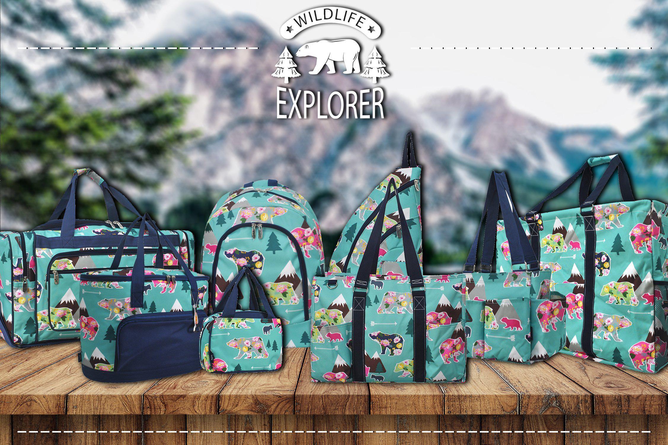 Bear Explorer Tote Bags, Cheap Momma Bear Tote and Handbags, Wildlife Print Animal Lover Bags, Animal Activist Bags, Affordable Momma Bear Gifts under $10, Blue Bear Bags, Cute Teddy Bear Bags