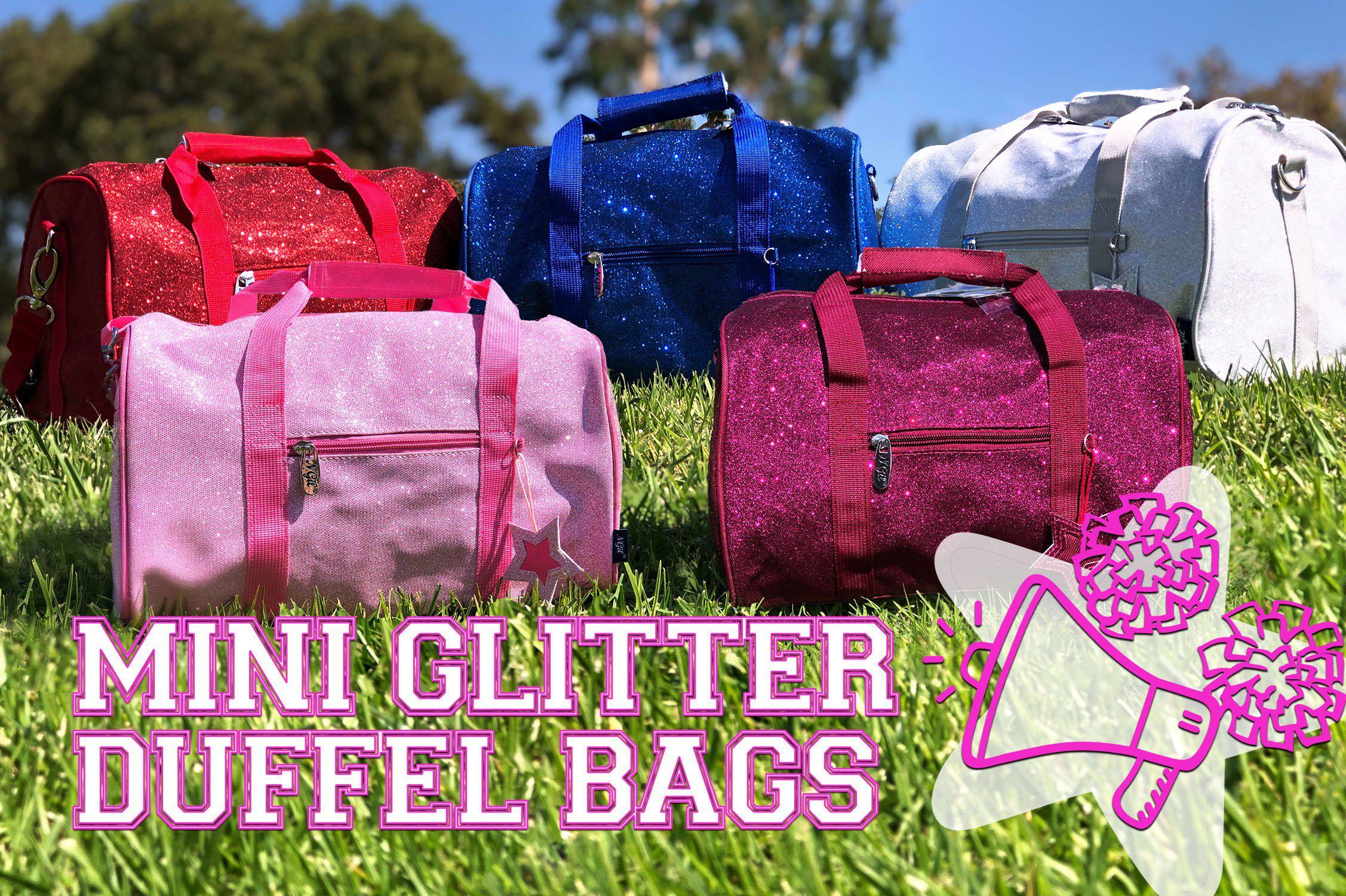 Mini Designer Duffel Bags, Pink Mini Glitter Duffel Bags, Mini Glitter Duffel bags for Dance Teams, Mini Cheerleader Accessories, Luggage for little girls, Tap Dance Bags, Ballet Bags for girls, dance studio merchandise