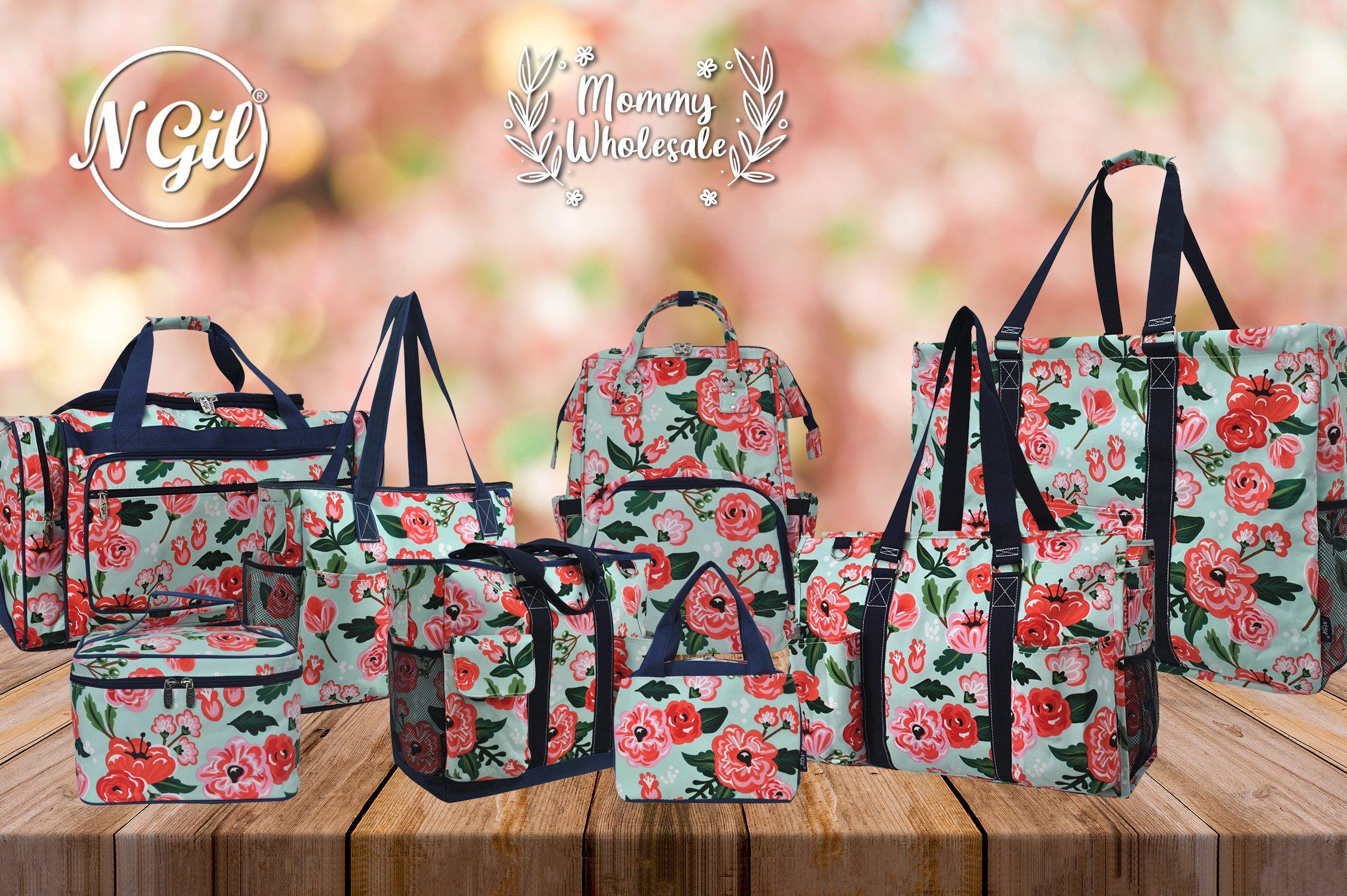 floral print personalized tote, floral print duffle bag, floral print cooler bag, floral print backpack, floral print diaper bag, floral print wallet set, floral print canvas tote set, floral print pencil pouch, floral print cosmetic pouch,