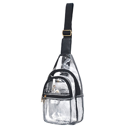clear sling bag, fashion stadium bag, trendy concert bag, amusement park crossbody, transparent sling bag, stadium approved purse, PVC crossbody bag, clear shoulder bag, stylish stadium bag, travel concert bag, gold accent clear bag, clear sling for concerts, clear amusement park purse, everyday stadium bag, festival clear sling, hands-free concert bag, stadium fashion accessory, event-ready sling bag, sporty clear bag, chic amusement park crossbody