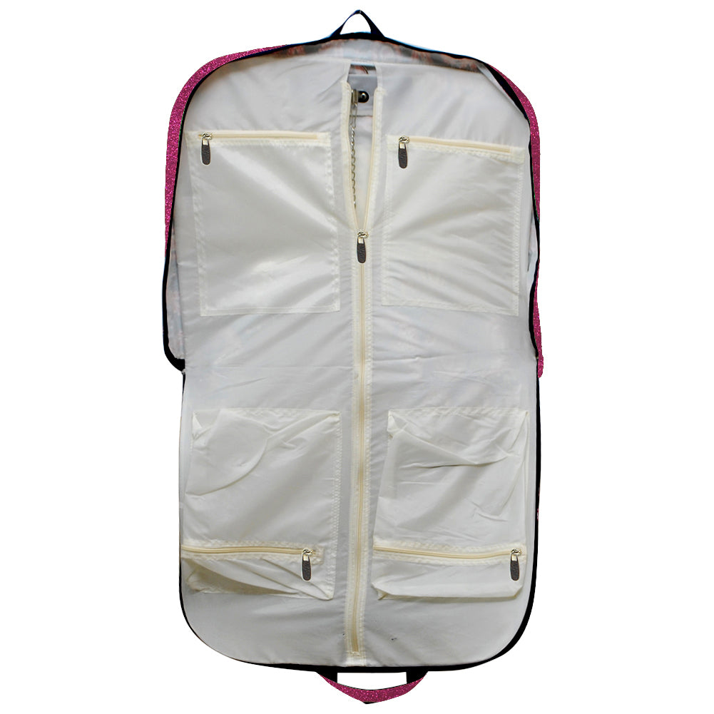 hot pink glitter garment bag, NGIL garment bag, dance garment bag, cheer garment bag, travel garment bag, competition garment bag, dancewear storage bag, wrinkle-free travel bag, glitter travel bag, dancer travel bag, cheerleader travel bag, monogram garment bag, foldable garment bag, lightweight dance bag, dance competition bag, glitter cheer bag, garment bag with hook, glitter clothing bag, sparkly garment bag, stylish travel bag, costume storage bag, dance outfit bag, cheer uniform bag