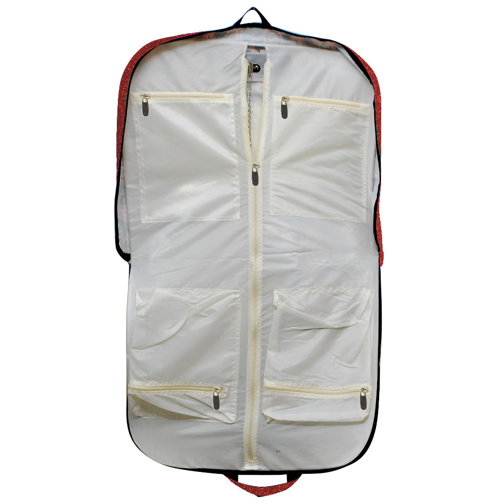 red glitter garment bag, NGIL garment bag, dance garment bag, cheer garment bag, travel garment bag, competition garment bag, dancewear storage bag, wrinkle-free travel bag, glitter travel bag, dancer travel bag, cheerleader travel bag, monogram garment bag, foldable garment bag, lightweight dance bag, dance competition bag, glitter cheer bag, garment bag with hook, glitter clothing bag, sparkly garment bag, stylish travel bag, costume storage bag, dance outfit bag, cheer uniform bag