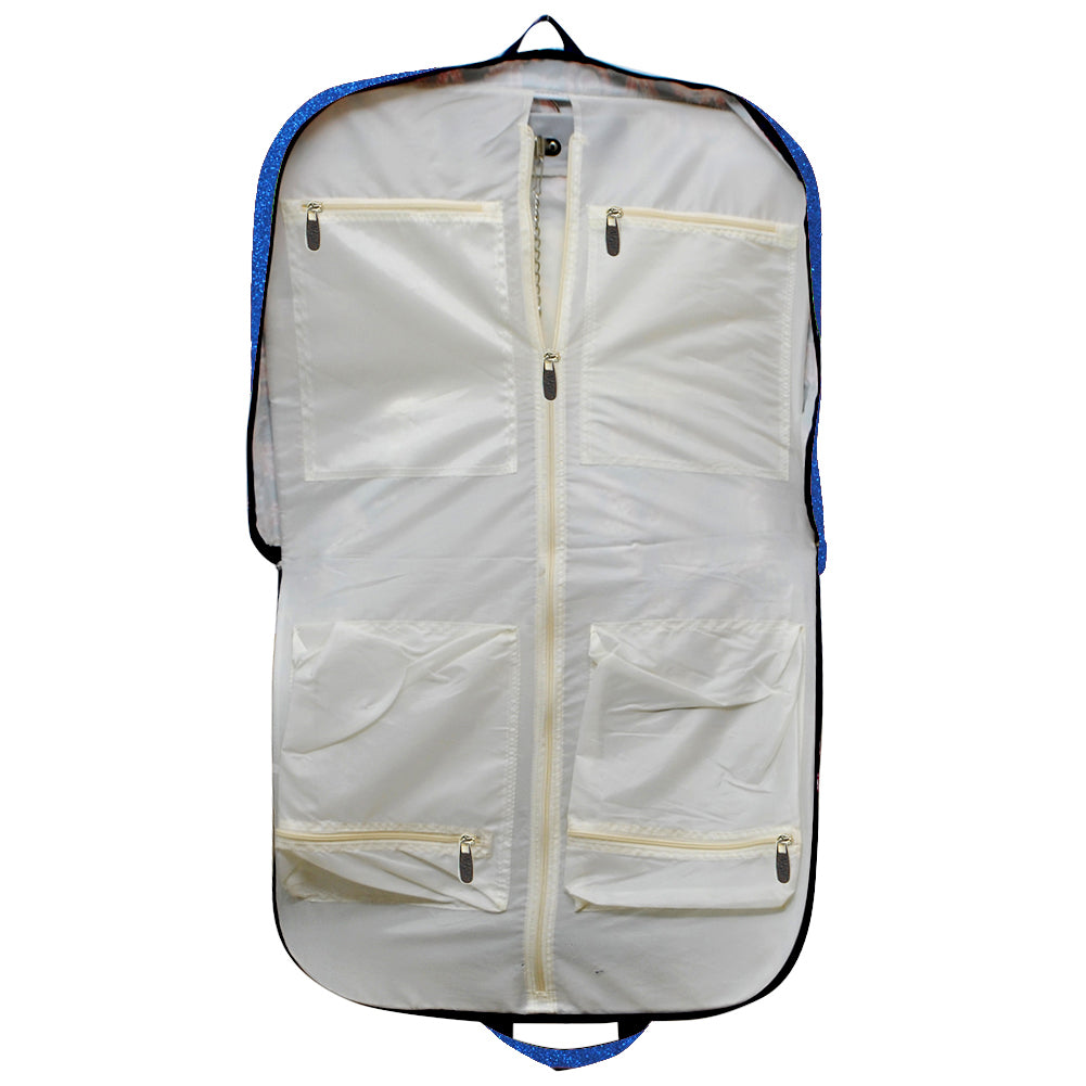 royal glitter garment bag, NGIL garment bag, dance garment bag, cheer garment bag, travel garment bag, competition garment bag, dancewear storage bag, wrinkle-free travel bag, glitter travel bag, dancer travel bag, cheerleader travel bag, monogram garment bag, foldable garment bag, lightweight dance bag, dance competition bag, glitter cheer bag, garment bag with hook, glitter clothing bag, sparkly garment bag, stylish travel bag, costume storage bag, dance outfit bag, cheer uniform bag