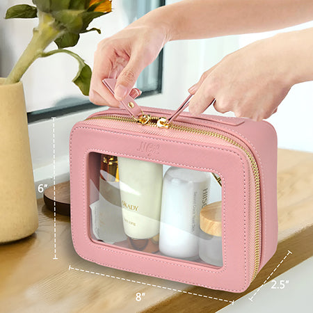 clear toiletry bag, faux leather makeup bag, TSA approved toiletry bag, clear cosmetic pouch, travel toiletry organizer, transparent makeup bag, waterproof travel bag, vegan leather toiletry bag, gym cosmetic bag, cruise travel bag, dance competition toiletry bag, road trip makeup case, golden zipper cosmetic bag, stylish clear bag, skincare travel pouch, TSA clear bag, eco-friendly cosmetic bag, clear bag with gold accents, makeup travel pouch, beauty storage organizer