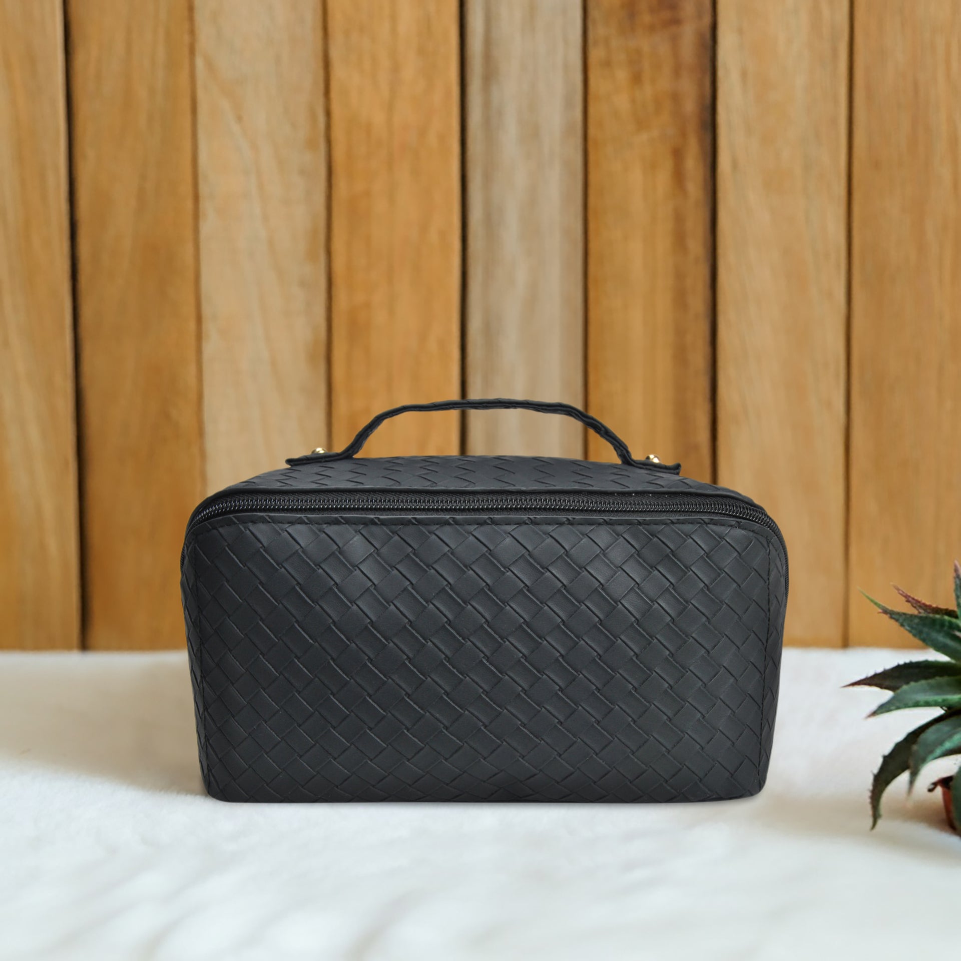 Basket Weave Black NGIL Medium Faux Leather Expandable Travel Toiletry