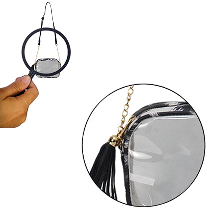 clear crossbody bag, stadium clear bag, concert clear purse, PVC crossbody bag, faux leather clear bag, stadium approved bag, gold accent clear bag, see through concert purse, transparent crossbody, clear bag with tassel, festival ready clear bag, event clear crossbody, trendy stadium purse, concert event bag, hands-free clear bag, stadium style bag, chic transparent purse, fringe clear crossbody, sports event clear bag, music festival bag, fashion stadium bag