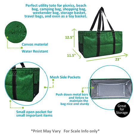 green grocery tote bag, storage tote bag, laundry tote, sport snack tote, gear organizer bag, glitter utility tote, glitter tote bag, large utility tote, collapsible storage bag, water-resistant tote, canvas utility tote, cheer gear bag, dance gear tote, gymnastics tote bag, team mom tote, coach supply bag, beach tote, weekender bag, camping tote, travel tote, picnic organizer, open top tote, NGIL glitter bag, sparkle tote for women, multi-purpose tote, glitter grocery bag, sport snack organizer