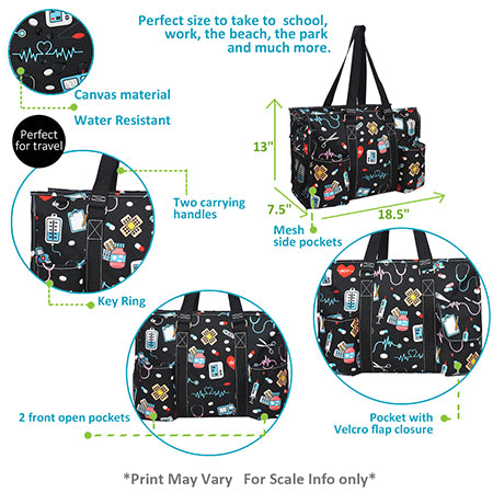 Zippered Personalized Black Polyester Tote Bag – Embroidered Monogram – Teacher, Nurse, Beach, Travel