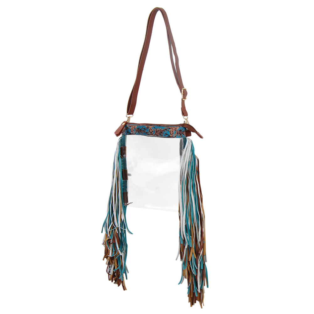 clear fringe bag, faux leather fringe purse, concert fringe bag, stadium approved clear bag, western clear bag, fringe stadium bag, festival clear purse, PVC clear fringe tote, clear bag with fringe, stadium concert purse, clear bag for events, western fringe crossbody, clear PVC shoulder bag, detachable strap clear bag, golden accent fringe bag, stylish clear concert bag, faux leather strap bag, stadium ready clear fringe bag, see through fringe bag, trendy clear fringe purse