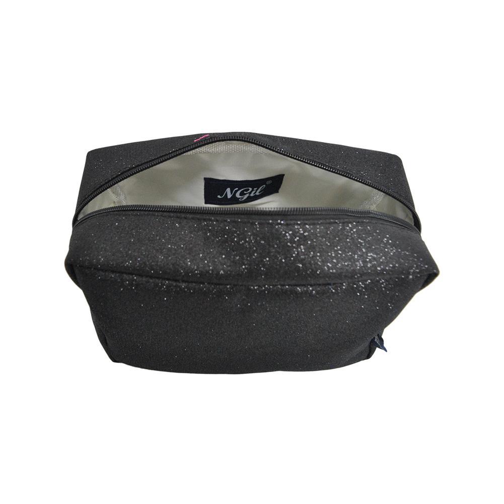 black glitter cosmetic pouch, NGIL makeup bag, cheer makeup pouch, dance toiletry bag, gymnastics travel bag, beauty pageant pouch, competition cosmetic case, travel makeup organizer, glitter toiletry bag, small travel pouch, zip top cosmetic case, glitter carry-on bag, dancer makeup case, cheerleader pouch, gymnast toiletry bag, compact glitter bag, makeup bag for travel, glitter gift pouch, sparkle cosmetic bag, overnight toiletry pouch, portable beauty bag, glitter storage pouch