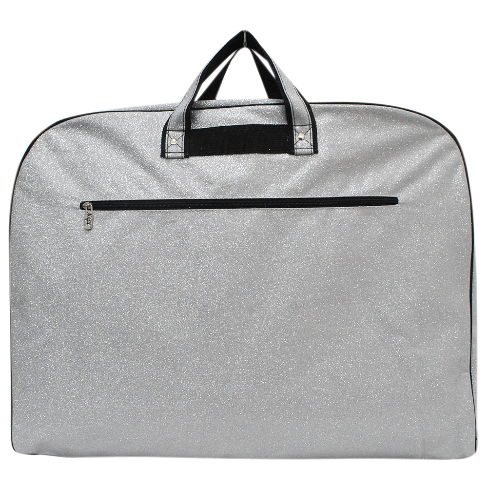 silver glitter garment bag, NGIL garment bag, dance garment bag, cheer garment bag, travel garment bag, competition garment bag, dancewear storage bag, wrinkle-free travel bag, glitter travel bag, dancer travel bag, cheerleader travel bag, monogram garment bag, foldable garment bag, lightweight dance bag, dance competition bag, glitter cheer bag, garment bag with hook, glitter clothing bag, sparkly garment bag, stylish travel bag, costume storage bag, dance outfit bag, cheer uniform bag