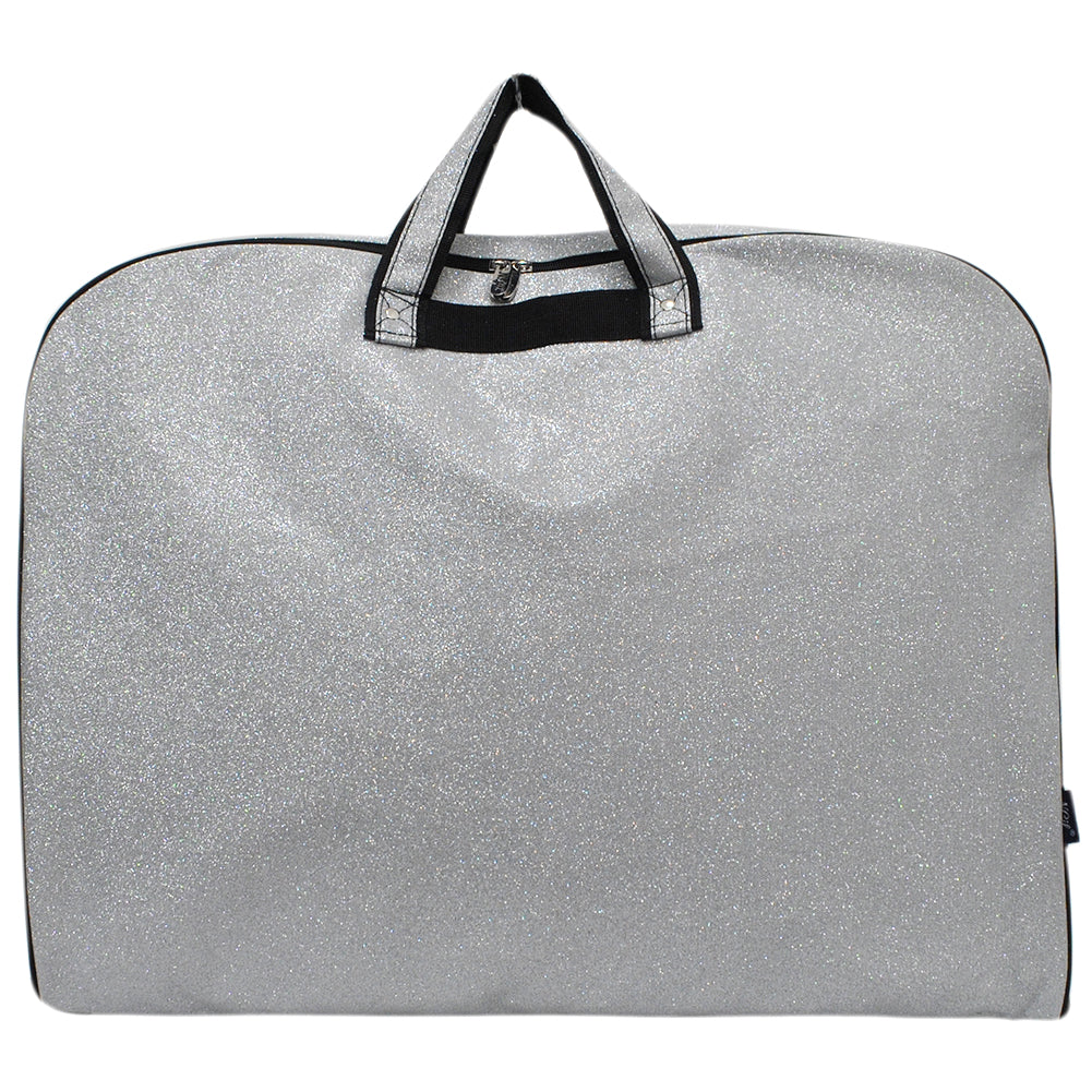 silver glitter garment bag, NGIL garment bag, dance garment bag, cheer garment bag, travel garment bag, competition garment bag, dancewear storage bag, wrinkle-free travel bag, glitter travel bag, dancer travel bag, cheerleader travel bag, monogram garment bag, foldable garment bag, lightweight dance bag, dance competition bag, glitter cheer bag, garment bag with hook, glitter clothing bag, sparkly garment bag, stylish travel bag, costume storage bag, dance outfit bag, cheer uniform bag