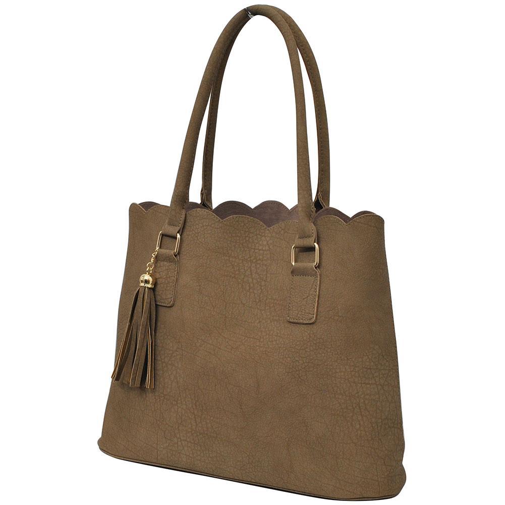 Light Brown Faux Leather Side Tassel Tote | Wholesale Accessory Market