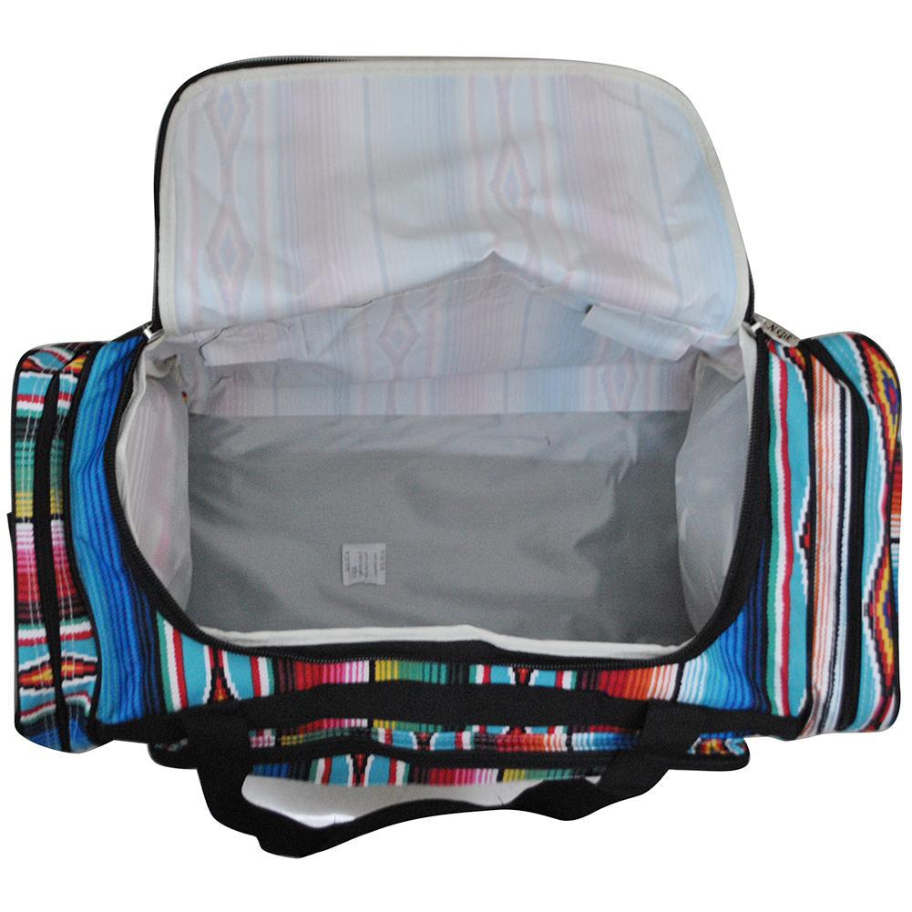 cute 23” inch duffle serape bag with side pockets, travel serape duffle bag for camping trips, wholesale serape gym bags for women, serape duffle bag for sunny beach trips, duffle bag for sports gear, serape tribal inspo sports bag, gifts for teammates, cute and cheap in bulk gym bags for sports coaches 