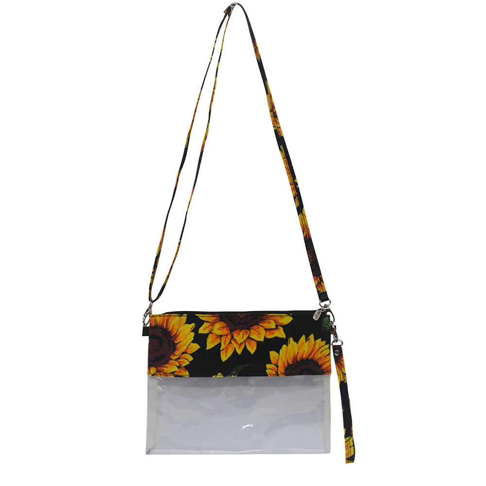 clear crossbody bag with adjustable strap, cute sunflower theme crossbody bag for women, cute yellow and brown flowers crossbody bag, small purse for everyday errands, clear crossbody purses for concerts, in bulk and cheap floral crossbody clear bag, women’s clear purses for prom, small and convenient crossbody purses for special events,