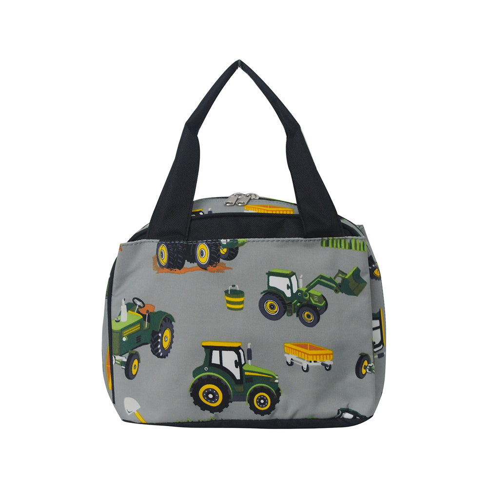 cute kids insulated lunch totes for cold beverages, boys lunch totes with trucks and tractors, lunch totes with green tractors, personal cute gift for kids, lunch bags for all day field trips, cute and easy to carry boys lunch tote, fordable and easy to store lunch tote