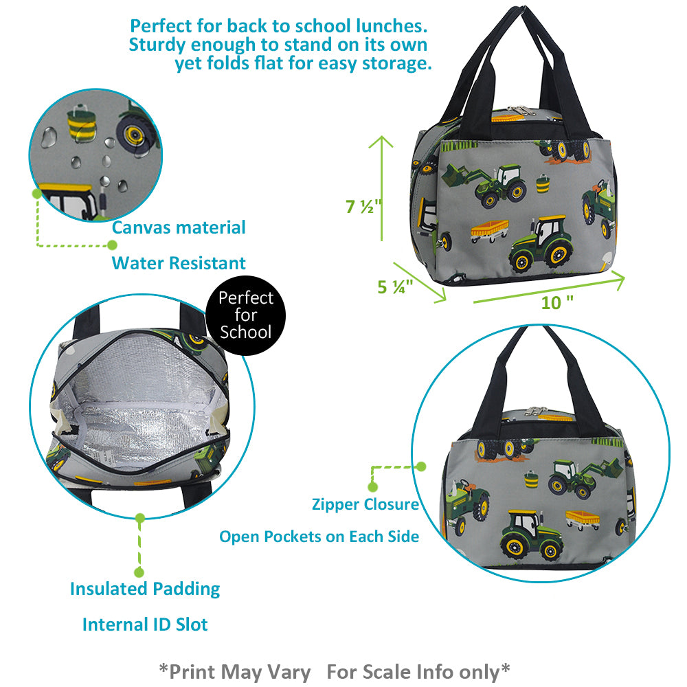 Boys cute insulated lunch bags, wholesale, mini trucks and tractors insulated lunch totes, cute trucks and tractors lunch totes for field trips, kids insulated lunch tote in bulk, gray mini cooler bag for small road trips, in bulk insulated lunch bag for hot lunches