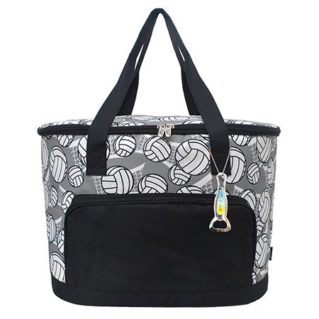 volleyball soft cooler, volleyball cooler tote for girls, black volleyball print lunch bag, volleyball lunch box cooler, volleyball event cooler bag, volleyball drink cooler, volleyball picnic tote bag, volleyball insulated carryall, cute cooler bag for volleyball fans.